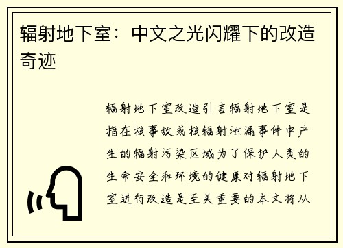 辐射地下室:中文之光闪耀下的改造奇迹